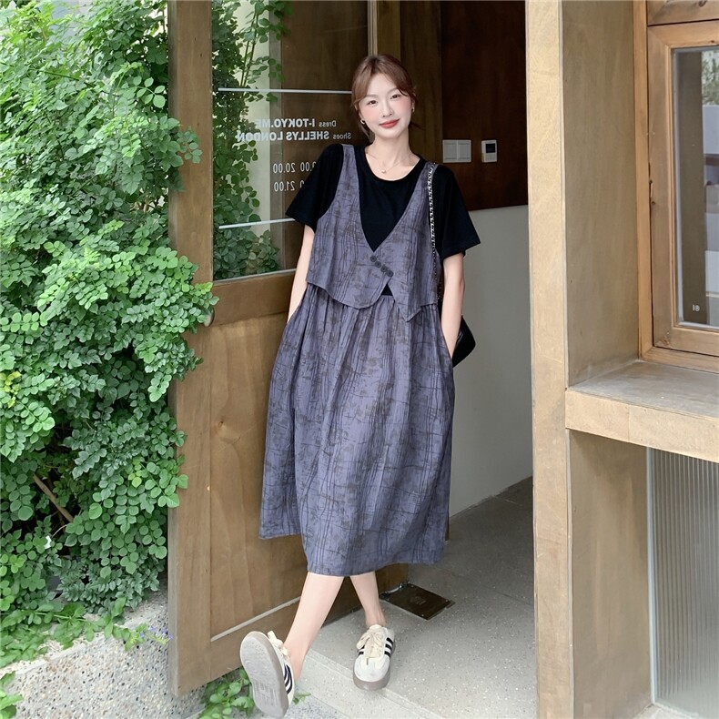 夏季新品复古风拼接假两件连衣裙2C236M206P135K188,女装连衣裙,2C236
