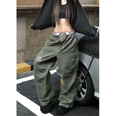 工装裤女春夏季菱形兰花宽松抽绳直筒阔腿裤垂感休闲长裤KB3011，男装工装外套，星座1116A（原606A-3）