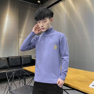 秋冬可翻高领毛衣男皇冠纯色长袖男刺绣毛衫打底针织衫蓝M253P33,皇帝蓝aj怎么搭配衣服图片