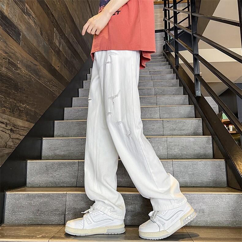 夏季美式休闲痞帅破洞牛仔裤男直筒宽松高街百搭阔腿裤10899-p42,男装牛仔裤,星座1008