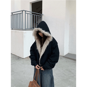 现货高品质美式高街冬季重磅硬挺短款座山雕毛领棉衣男女加厚外套图片
