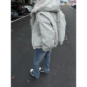 现货高品质美式高街冬季重磅硬挺短款座山雕毛领棉衣男女加厚外套图片