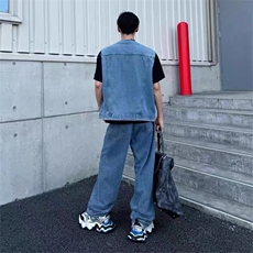 高级感痞帅牛仔套装男搭配一套撞色拼接牛仔裤发型师潮牌男装马甲，男装牛仔裤，星座506A