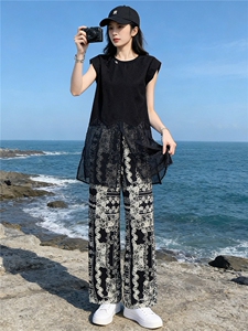 慵懒风减龄时尚套装女夏新款遮肚显瘦无袖网纱拼接上衣长裤两件套图片