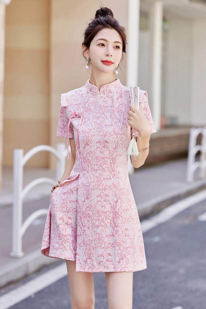 新中式连衣裙套装女2025夏装小众设计改良旗袍搭配短裤两件套,女装套装/套裙,依路服饰