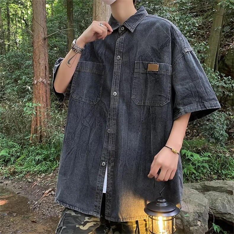 美式复古牛仔短袖衬衫男夏季潮牌高街百搭炸街工装衬衣CS633-P45,男装衬衫,星座1008