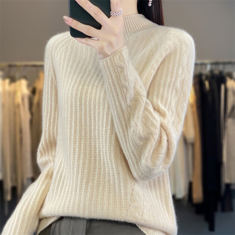 秋冬新款100%纯羊毛衫女半高领提花长袖毛衣宽松羊绒针织打底上衣,女装羊毛衫,鲁菏羊绒
