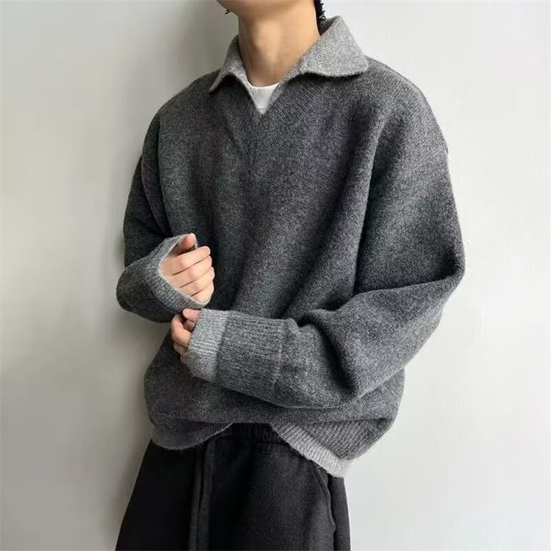 现货JY145-P61慵懒灰色假两件V领撞色针织毛衣男网图,男装针织衫/毛衣,星座1501-3