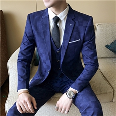三件套西服套装男格子西装男士商务休闲职业修身新郎伴郎结婚礼服，男装西服套装，星座505-2（原电商A260-1)