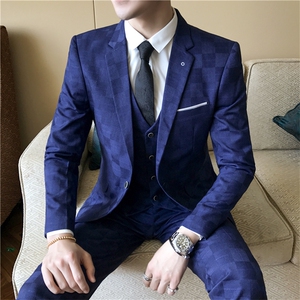 三件套西服套装男格子西装男士商务休闲职业修身新郎伴郎结婚礼服图片