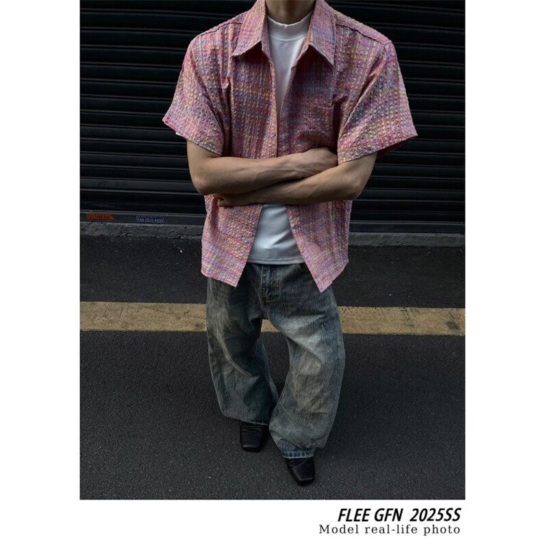 色织格纹泡泡纱宽松廊形短袖衬衫男设计感粉色衬衣CS287-P35,男装T恤,星座1001-1