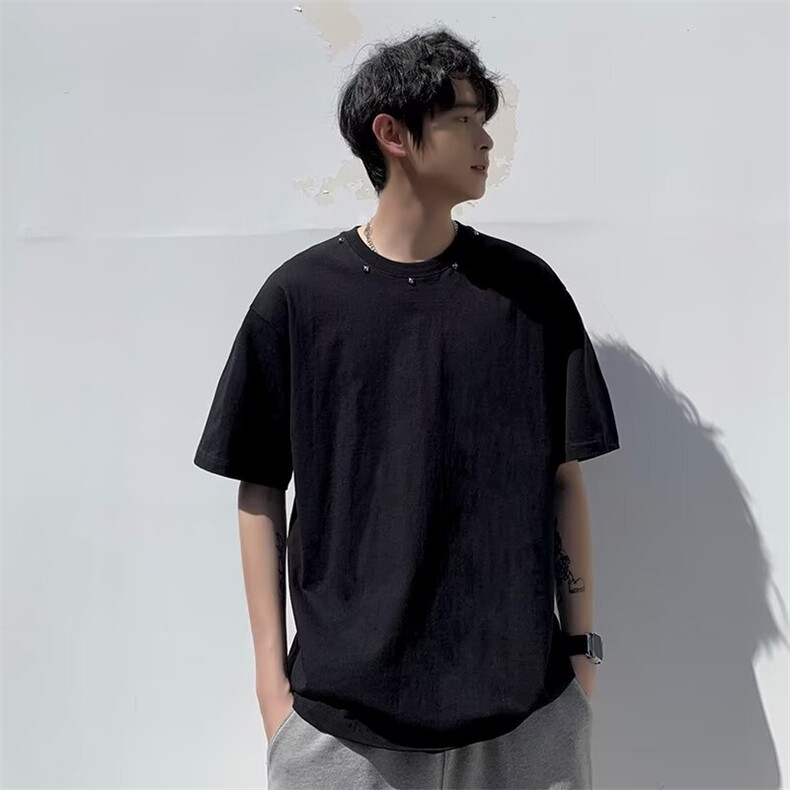 白色短袖t恤男款夏季铆钉设计感小众重磅宽松半袖体恤衫TM06,男装T恤,星座1116A-1（原606A）
