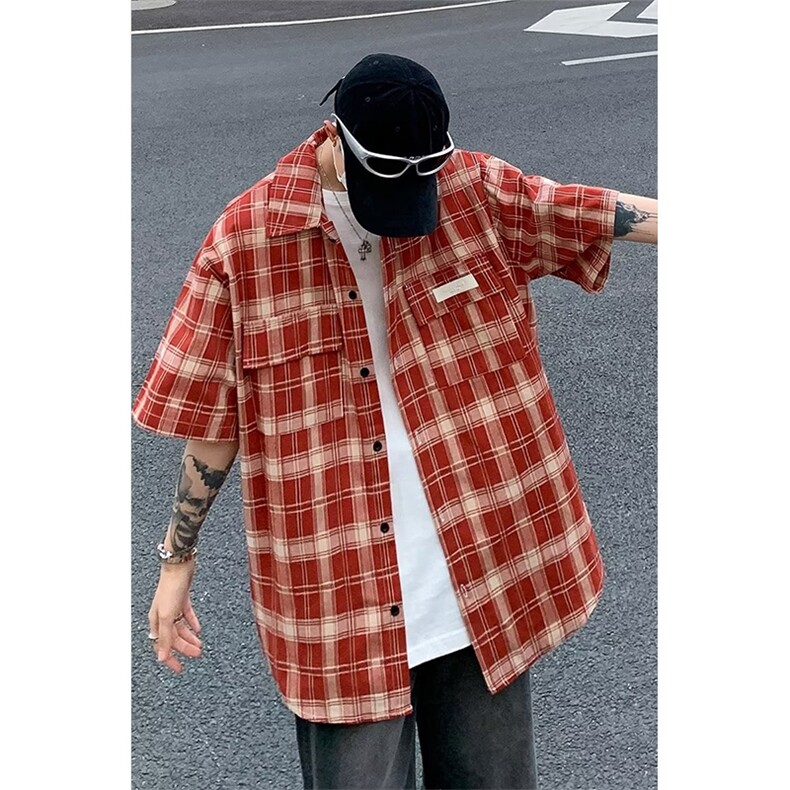 衬衫男韩版潮流短袖格子贴标个性2023夏季新款ins外套CS0588-P43,男装衬衫,星座308B-1