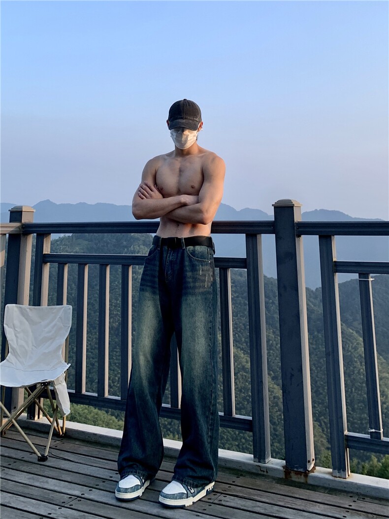 dirtyfit裤子水洗蓝阔腿直筒牛仔裤垂感高级感XZ310A-4-NZ10,男装牛仔裤,星座310A-4