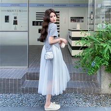 灰色网纱拼接短袖连衣裙女2025夏季新款法式甜美减龄小个子T恤裙，女装连衣裙，2C283