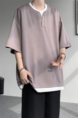8XL-M重磅斜纹假两件短袖t恤男夏季薄款宽松大码半袖体恤DT006P45，男装T恤，电商B312