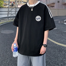 夏季美式高街重磅纯棉三条杠织带撞色男女短袖T恤ZD624-特P30，男装T恤，电商A486-1
