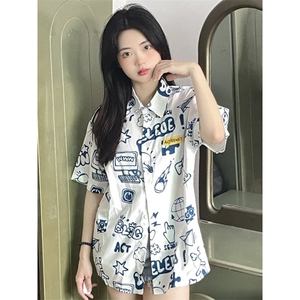 TC515-P45涂鸦短袖衬衫夏季新款甜美衬衣独特别致上衣图片