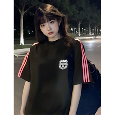 抖音得物品质二开240克宽松纯棉美式潮牌印花三条杠中性风短袖T恤，男装T恤，电商A486-1