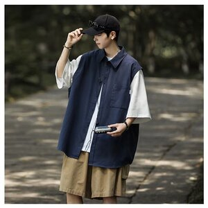 新款潮牌假两件短袖衬衫男装夏季日系复古高街宽松衬衣3022-p35图片