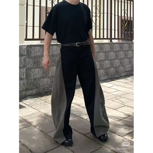高街痞帅西裤拼接灯芯绒休闲卫裤男美式潮牌小众设计感弯刀拖地裤图片