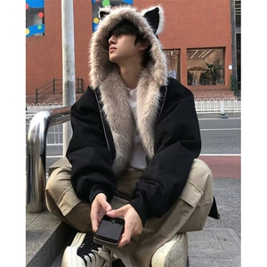 复古短款毛领座山雕外套男款冬季解构连帽厚夹克棉服 MS411图片
