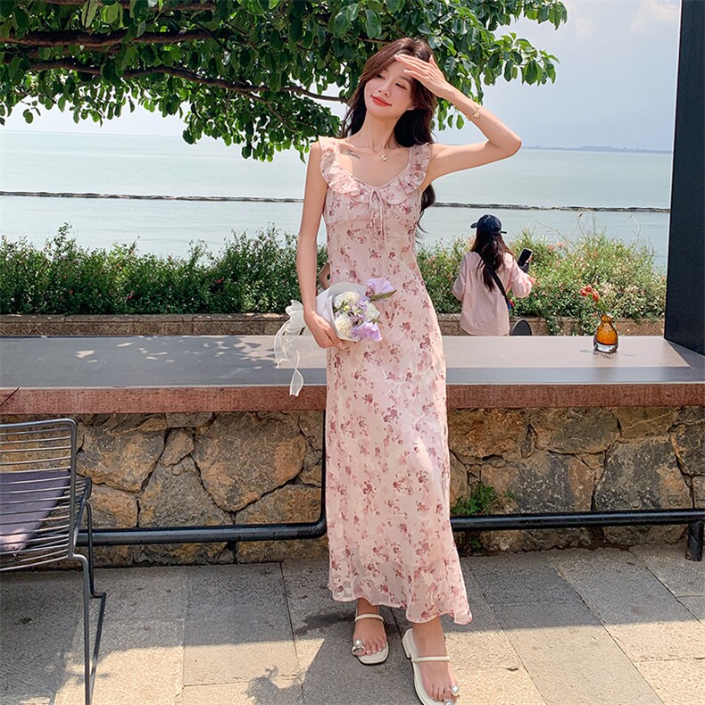 浪漫氛围感粉色开衫碎花连衣裙套装女夏2025新款独特漂亮超火长裙,女装连衣裙,2D075