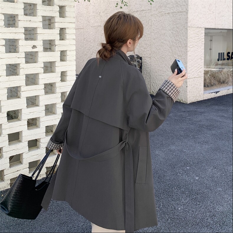 灰色立领小个子风衣女秋季韩系高级感休闲收腰外套,女装风衣,秀美人生