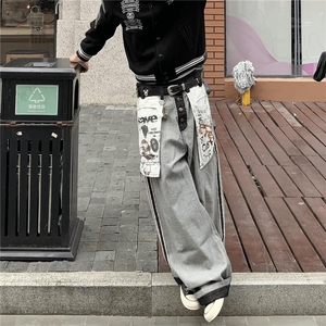 NK1007-P58小众设计感高街阔腿拖地裤反穿大口袋印花牛仔裤,春季浅色牛仔外套怎么搭配图片