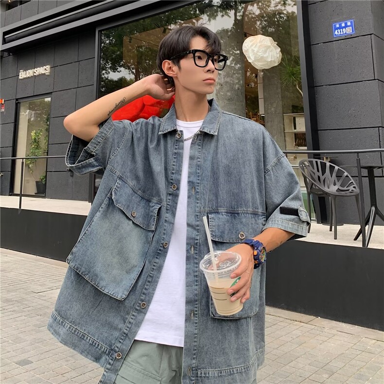 夏季新款衬衫潮流慵懒男方领牛仔衬衫P58,男装衬衫,星座1116-2