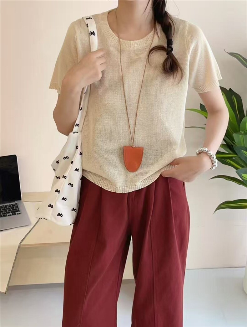 2025时尚简约合纸纱圆领短袖，女装针织衫/毛衣，晨旭羊绒