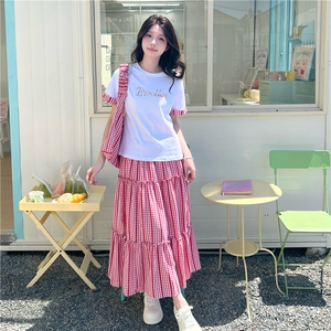 学院风粉色格纹半身裙套装女夏新款小个子甜妹绝美休闲t恤两件套图片