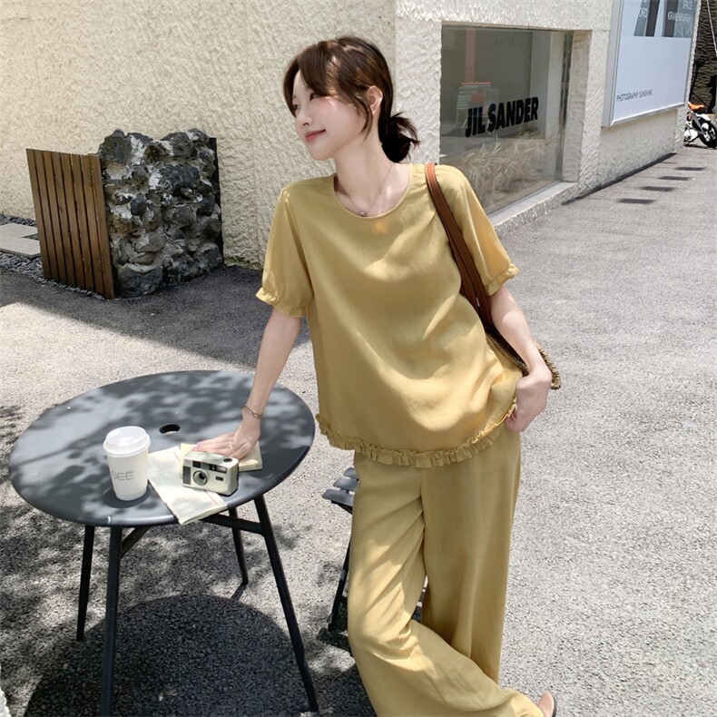 木耳边拼接短袖T恤套装女夏新款时尚慵懒风高腰阔腿裤穿搭两件套,女装套装/套裙,浙宝210（原浙宝191）