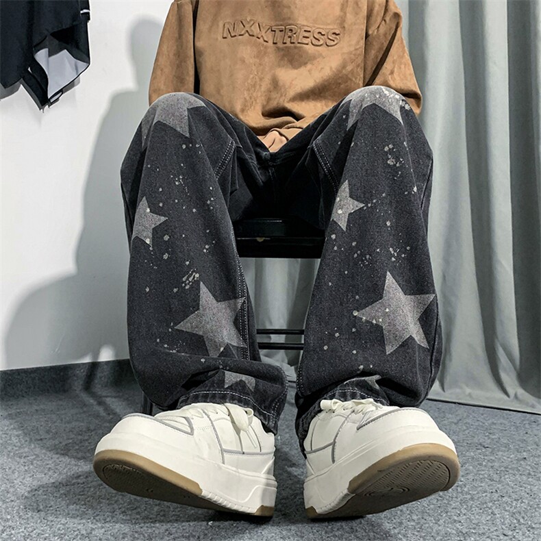 B221美式ins高街小众五角星喷墨直筒牛仔裤LK23014-P60控78,男装牛仔裤,电商B221
