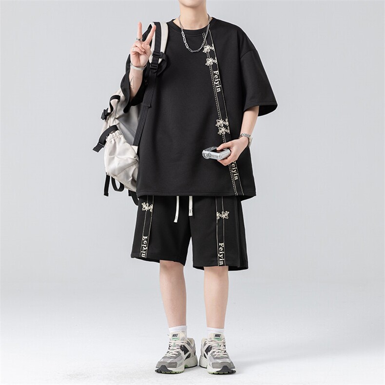 套装男夏季新款港风宽松高级感设计短袖T恤五分裤一套TZ6015特P38,男装T恤,星座301B-2（原A443-1）