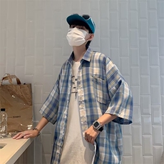 夏季宽松格子衬衫短袖上衣时尚潮牌C330p33，男装衬衫，星座1013