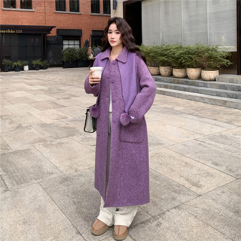 紫色双面羊绒大衣女2025冬季新款韩系超好看高级感围巾款毛呢外套,女装羊绒大衣,2C056