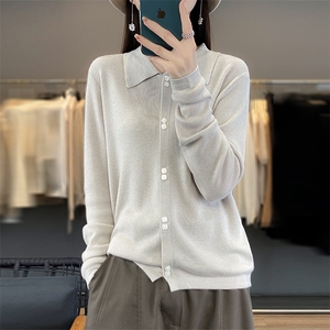 开衫女翻领纯色秋冬新款百搭外套毛衣羊毛针织上衣图片