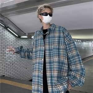 美式复古蓝色格子衬衫男女宽松春秋小众休闲外套 C798 P43图片