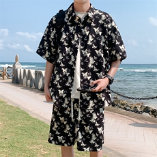 特批P50无差价夏季冰丝凉爽垂感蝴蝶印花痞帅潮流五分套装男TZ330，男装休闲套装，电商A001