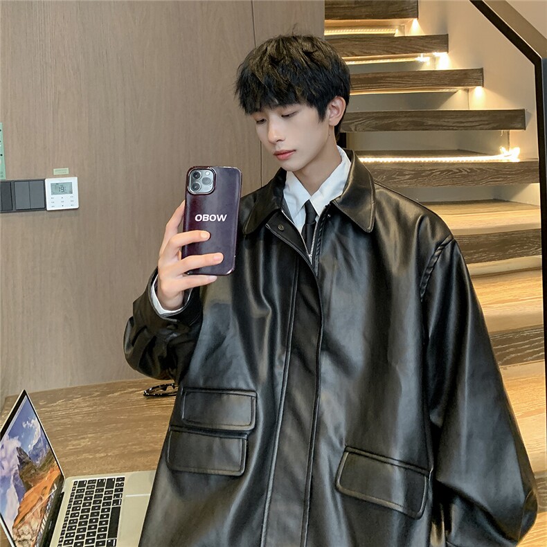 港风工装皮夹克中性休闲宽松皮衣男大码M-5XL夹克JK7761P85控118,男装夹克,星座227-7