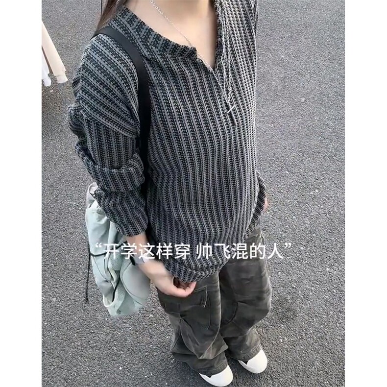美式高街千鸟格子长袖T恤男女亨利V领英伦雅痞休闲宽松长袖打底衫,男装T恤,电商A486