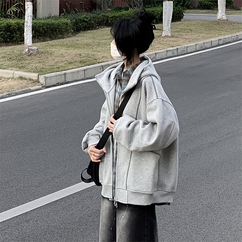 抖音得物高品质秋冬美式高街重磅结构辑明线纹理连帽卫衣外套W111,女装短外套,电商A486-1