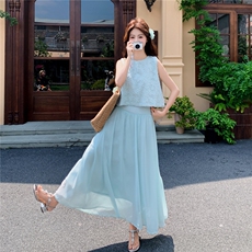 度假风刺绣无袖上衣半身裙套装女2026年夏季新款高级感显瘦两件套，女装套装/套裙，艾米莉亚
