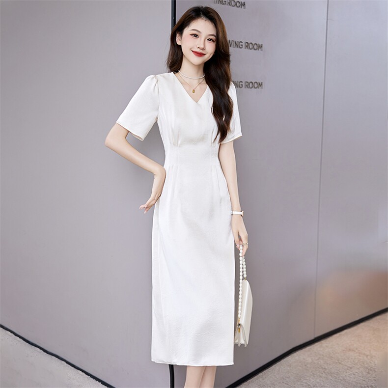 时尚气质优雅短袖连衣裙女2025年夏季新款收腰显瘦中长裙,女装连衣裙,时尚俏佳人