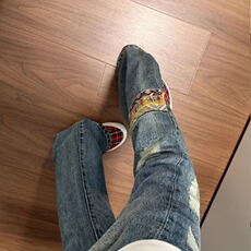 复古民族风贴布男女同款牛仔裤破洞小众设计感裤子美式直筒微喇裤，男装牛仔裤，星座506A