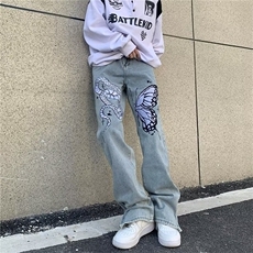 美式高街hiphop复古刺绣牛仔裤男宽松百搭拉链微喇叭休闲情侣长裤，男装牛仔裤，星座716-4