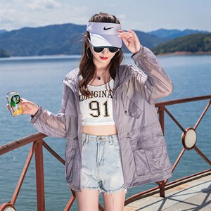 网红户外透气防紫外线防晒衣女夏季薄款中长款大码防晒服开衫潮图片