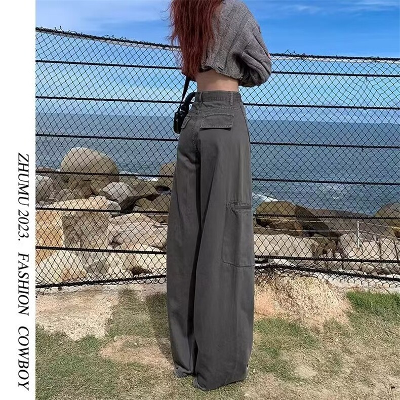 美式复古灰色工装裤女夏季新款高腰宽松阔腿显瘦百搭直筒牛仔裤子,男装牛仔裤,星座813-2