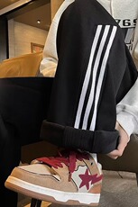 美式hiphop条纹加绒休闲运动裤男女宽松情侣直筒阔腿裤R3066-p48，女装休闲裤，星座1008-1